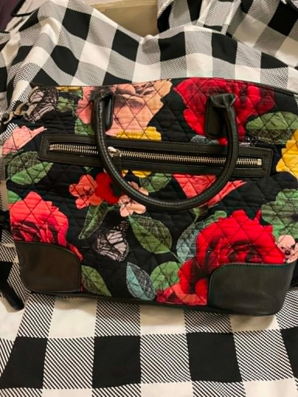 LIKE NEW Vera Bradley Quilted Cotton Satchel, Roses and Butterflies 14" x 10 - Picture 2 of 14